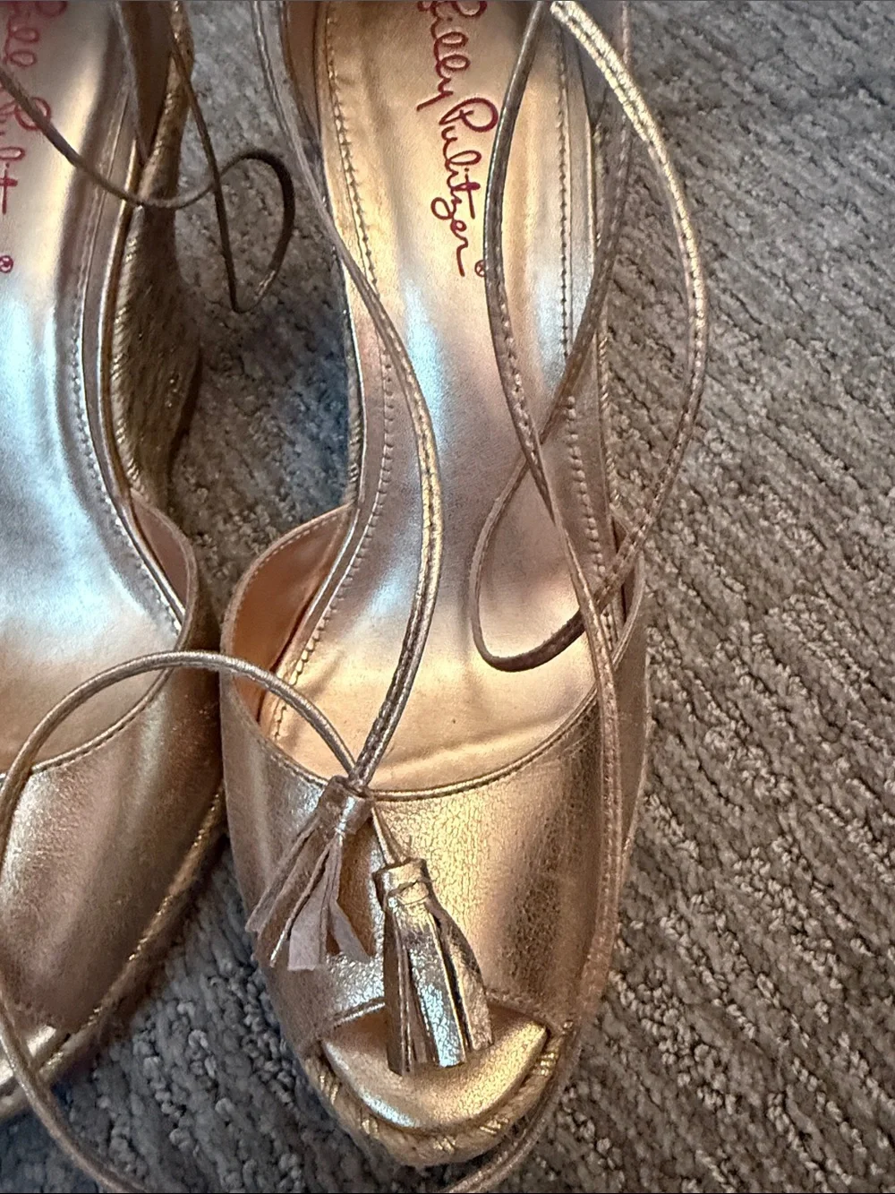Lilly Pulitzer Metallic Gold Lace-Up Peep-Toe Wedges